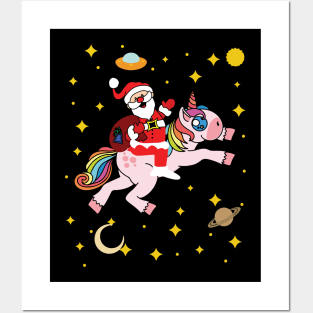 Cute Santa Claus Riding a Unicorn Through Space Posters and Art